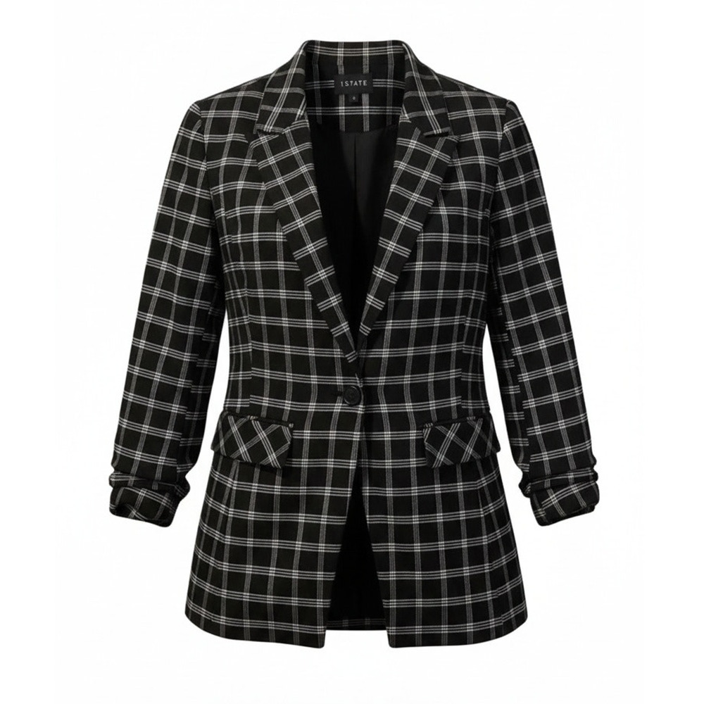 1.STATE Blazer Jacket Womens Size 6 Black‎ & White Windowpane Plaid Lined